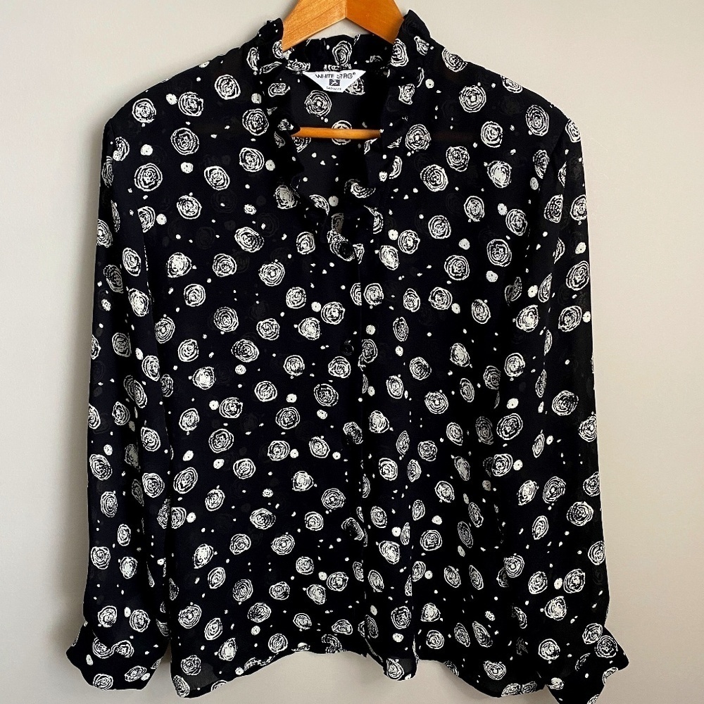 White Stag Women's Black Patterned Long Sleeve Sheer Blouse Size 10